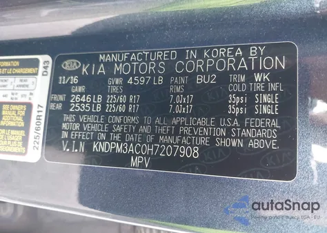 2017 Kia Sportage Lx из США, поврежденный, VIN KNDPM3AC0H7207908